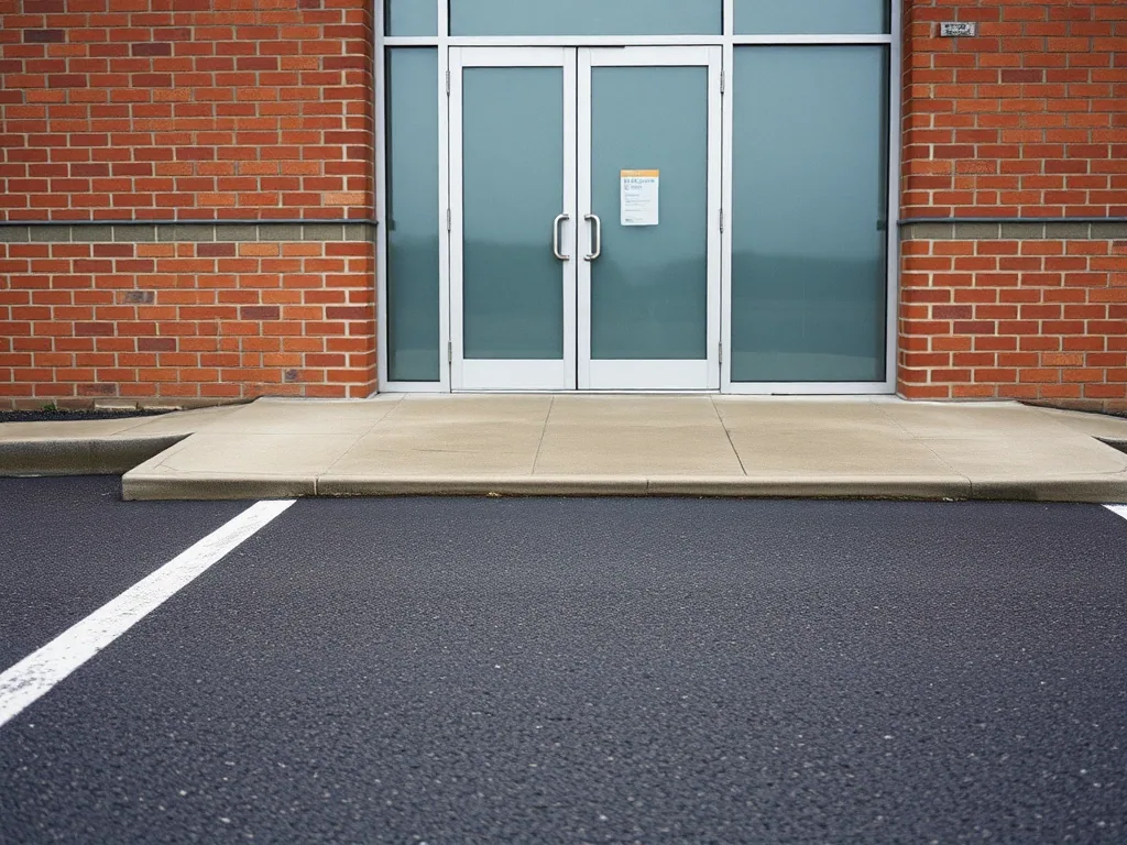 A wide concrete ramp running level up to a plain glass door in a brick wall, with a marked parking bay on the asphalt directly in front of it.