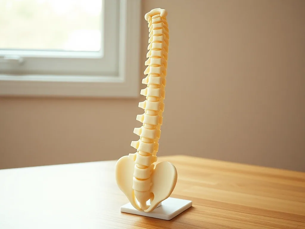 A cream plastic model of the lumbar spine and pelvis standing on a wooden desk in soft window light.