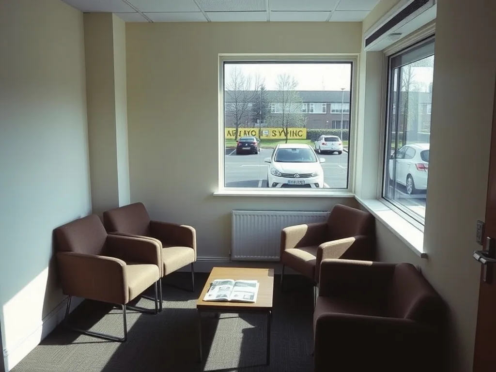 A small empty waiting area, four upholstered chairs around a low table, a window onto the car park, morning sun across the carpet.